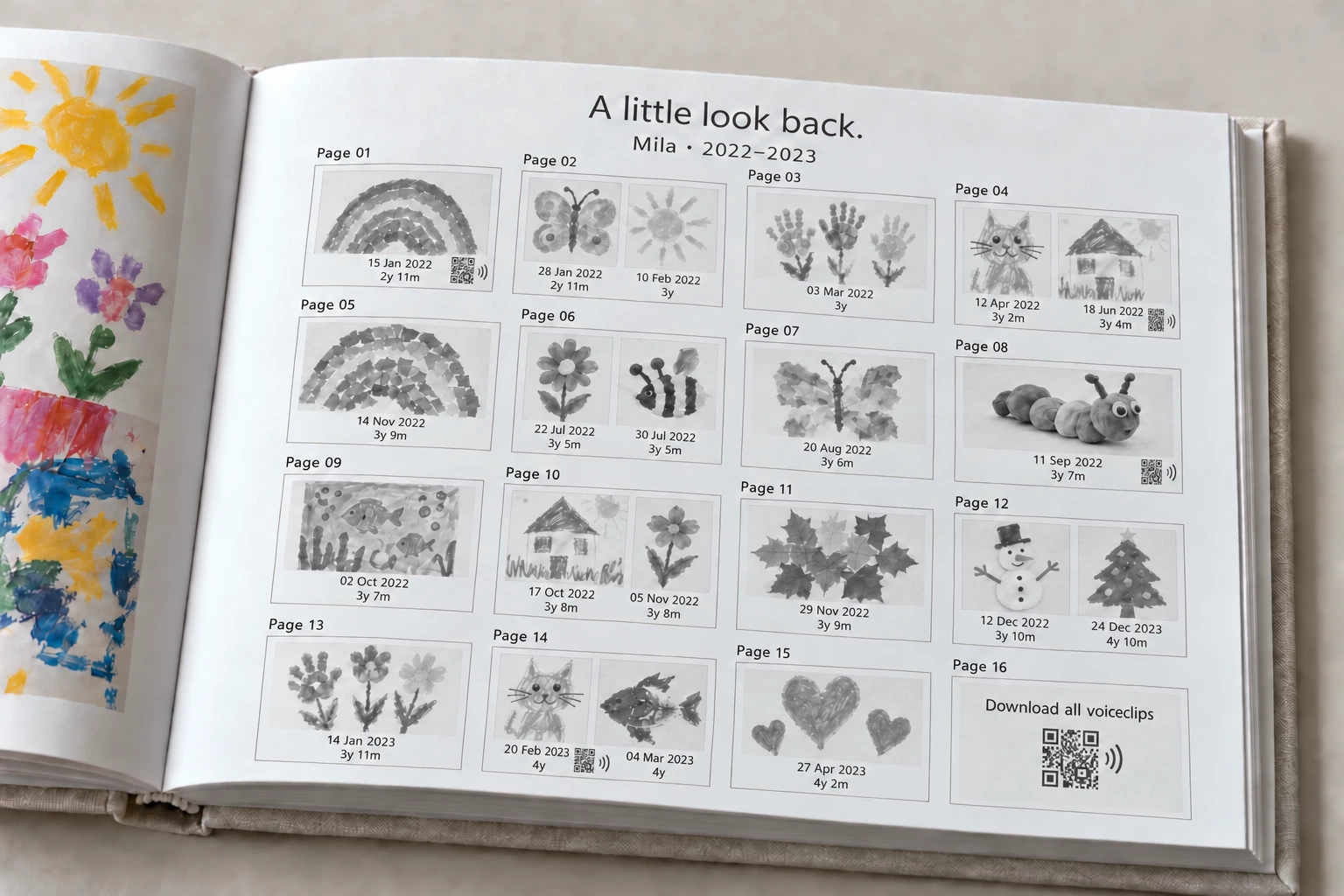 Book index preview with grayscale artwork thumbnails, dates, ages, selected audio QR codes and a final Download all voiceclips tile.