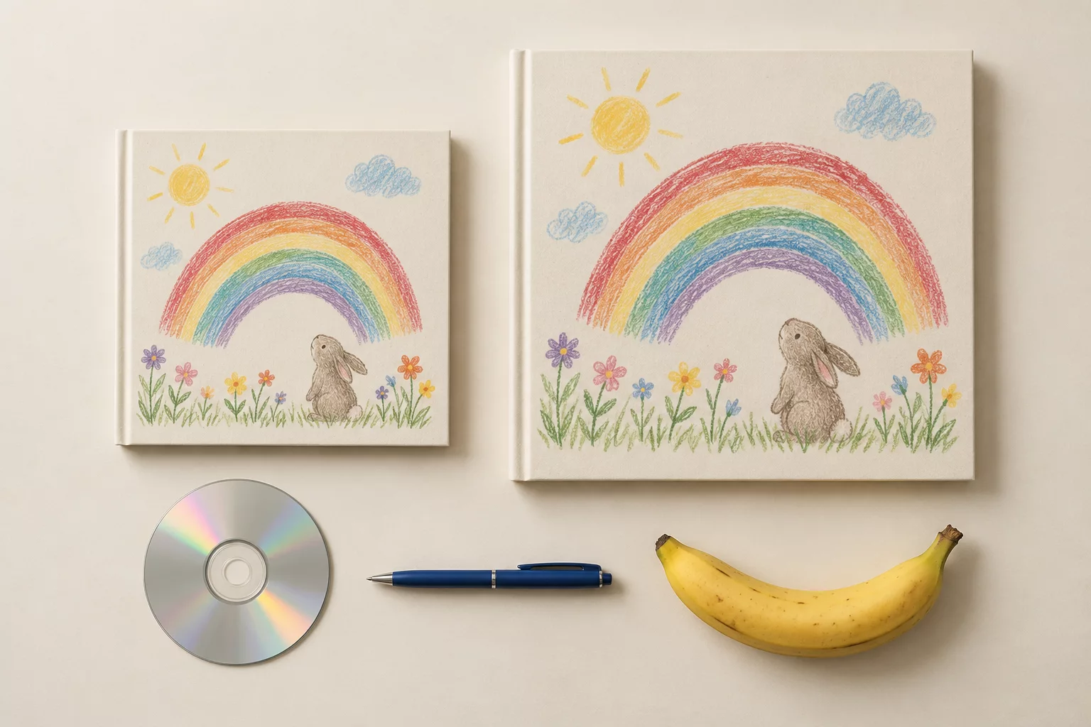 Size comparison illustration: a 21 cm square art book on the left and a 30 cm square art book on the right, beside a pen, a CD and a banana.