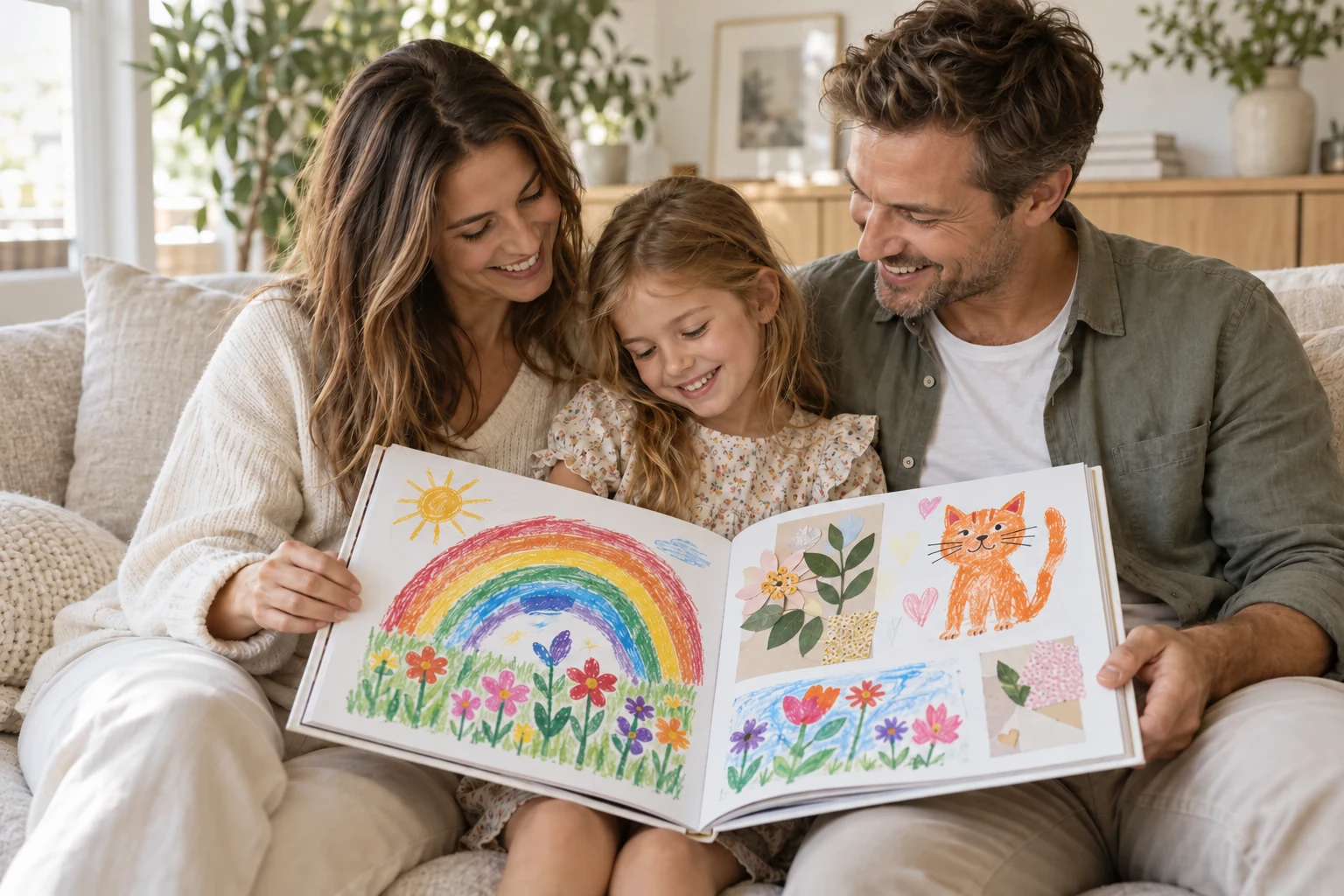 A family enjoying a book of their child's colourful artwork together at home