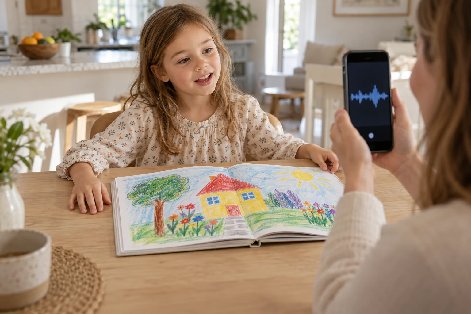 A mother records her daughter's voice as she talks about a colourful drawing in her art book
