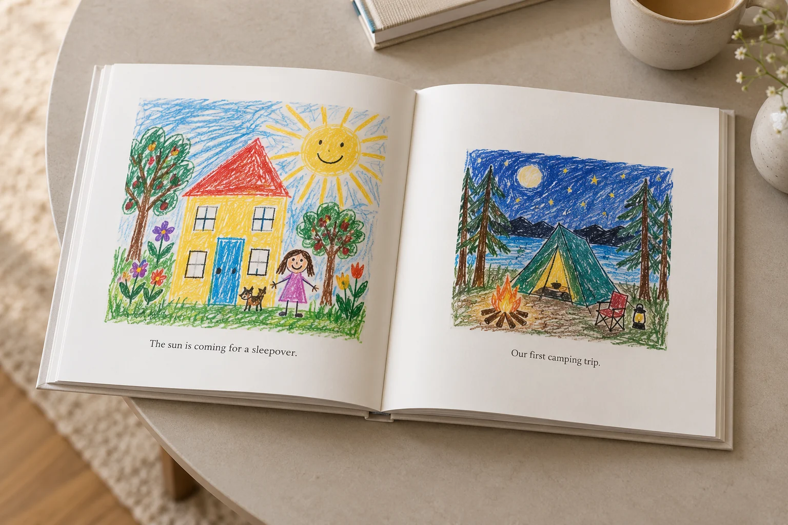 Illustrative Lifefolio book with a colourful drawing of a house and a smiling sun
